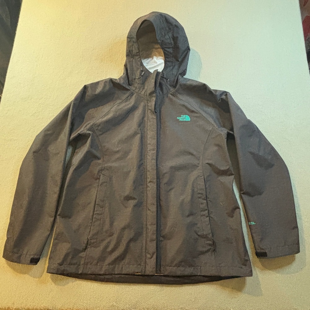The North Face HyVent 2.5L Rain Jacket Womens XL Gray Teal Hooded Hiking Gear